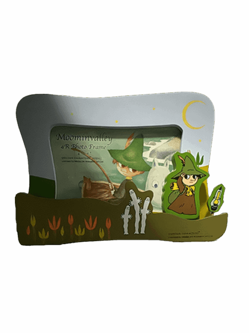 Moomin Photo Frame showcasing whimsical design with Moomin characters, made of wood, measuring 21cm in width and 16.5cm in height.