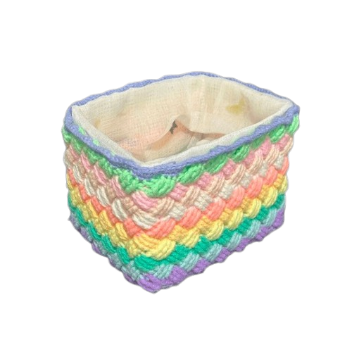Handmade crochet rainbow basket with handled design, top-down look, 14 x 20 x 16 cm.