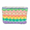 Handmade crochet rainbow basket with colorful stripes, front view, 14 x 20 x 16 cm.