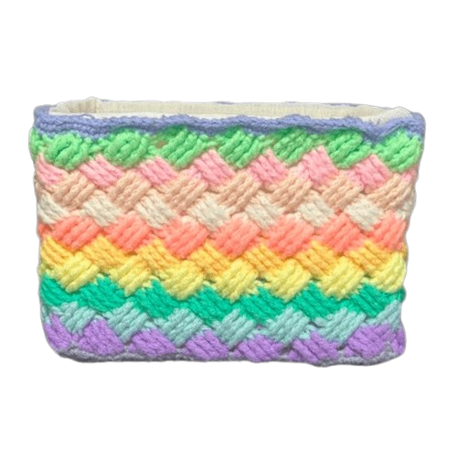 Handmade crochet rainbow basket with colorful stripes, front view, 14 x 20 x 16 cm.