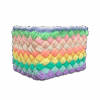 Side view of handmade crochet rainbow basket, compact and vibrant storage, 14 x 20 x 16 cm.